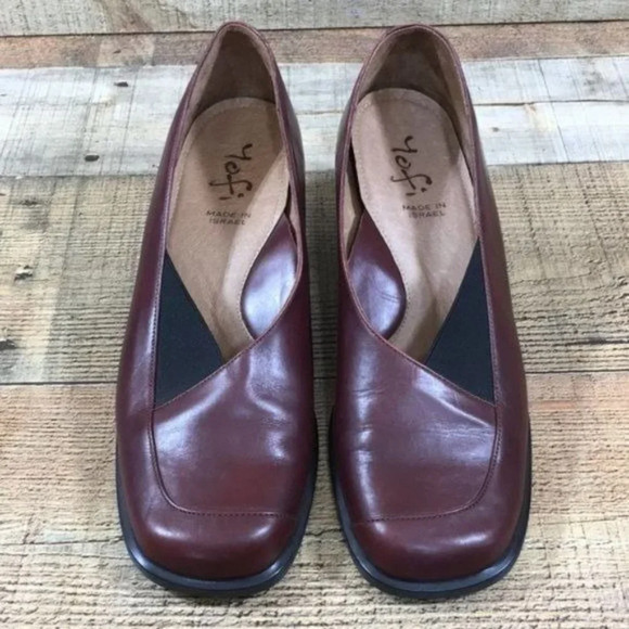 Yofi Dark Red Leather Loafer Block Heels Womens 40 Slip On Made in Israel - Picture 3 of 13